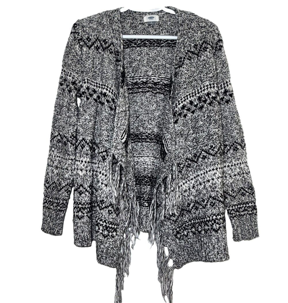 Old Navy Fair Isle Fringe Open Front Cardigan Sweater Womens Small Gray Black